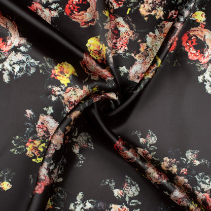 Black And Red Floral Pattern Digital Print Organza Satin Fabric