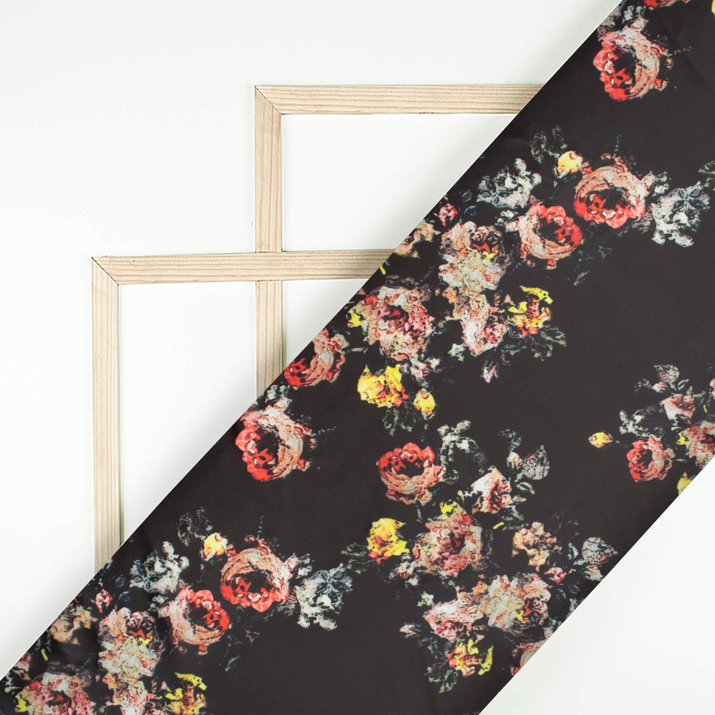 Black And Red Floral Pattern Digital Print Organza Satin Fabric