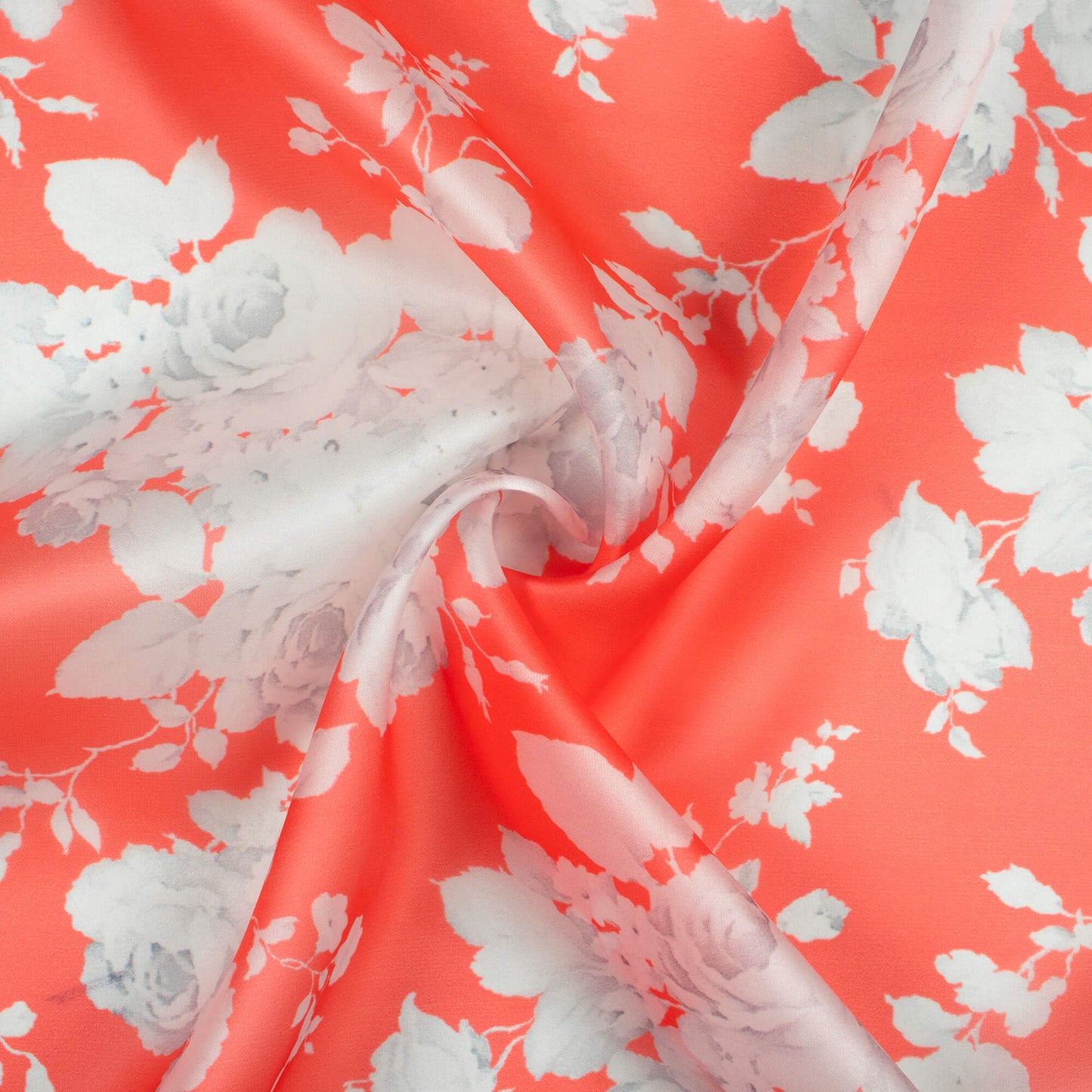 Pastel Red And Pearl White Floral Pattern Digital Print Organza Satin Fabric