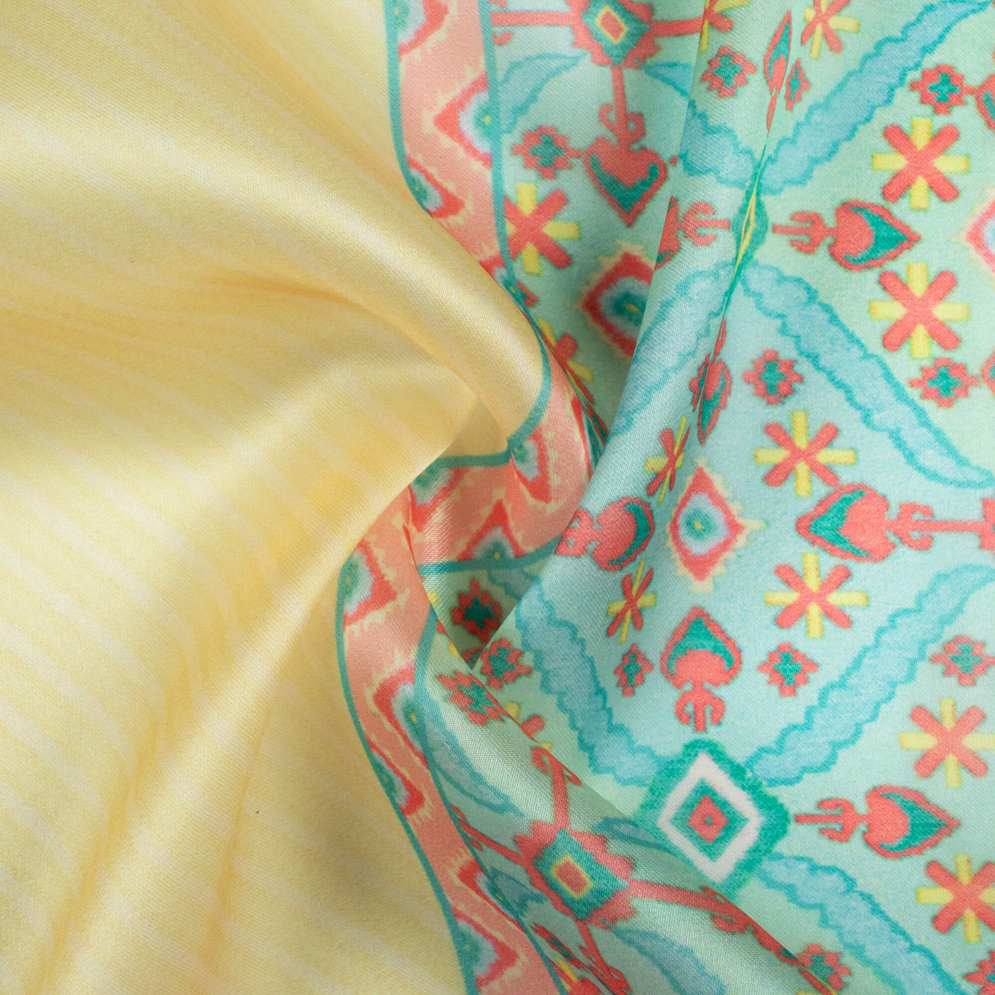 Mellow Yellow And Sky Blue Daman Pattern Digital Print Organza Satin Fabric