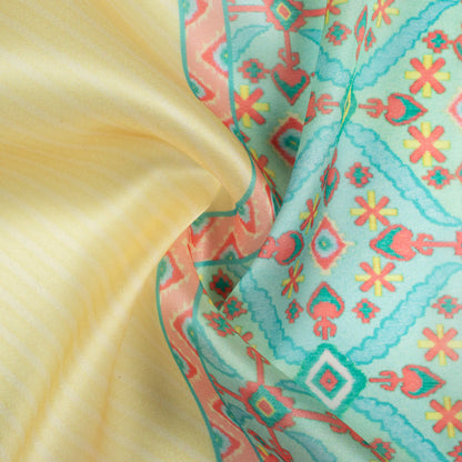 Mellow Yellow And Sky Blue Daman Pattern Digital Print Organza Satin Fabric
