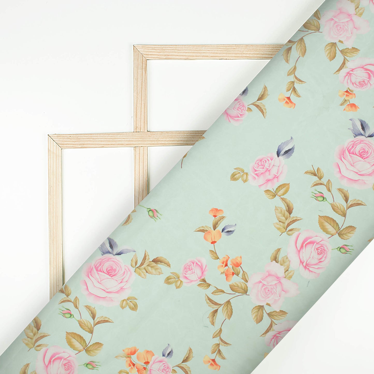 Tea Green And Taffy Pink Floral Pattern Digital Print Organza Satin Fabric