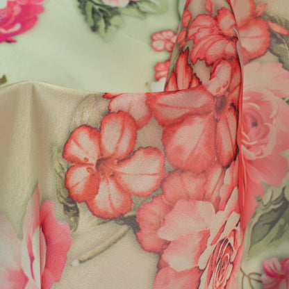 Pastel Avacado Green And Red Floral Pattern Digital Print Organza Satin Fabric