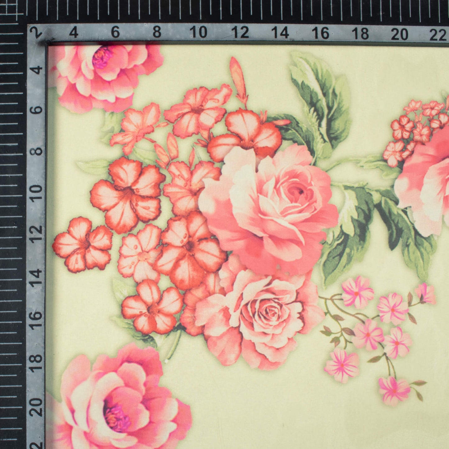 Pastel Avacado Green And Red Floral Pattern Digital Print Organza Satin Fabric