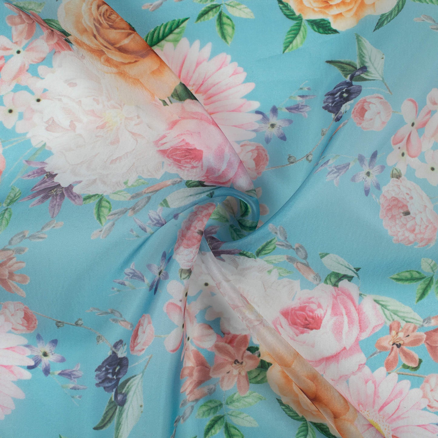 Sky Blue And Pastel Pink Floral Pattern Digital Print Organza Satin Fabric