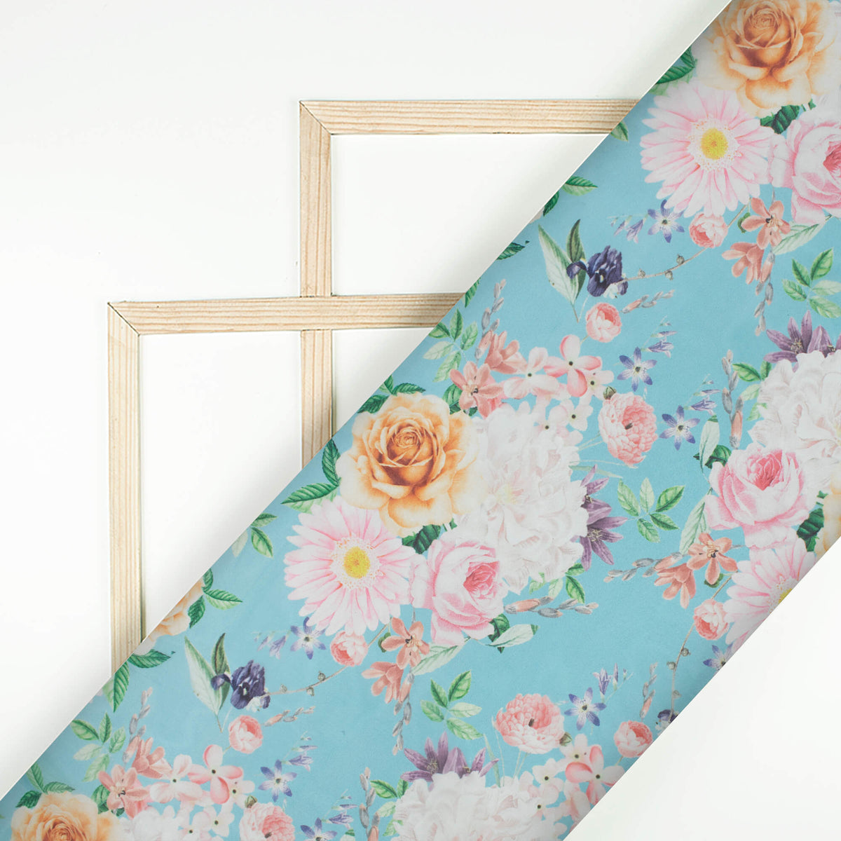 Sky Blue And Pastel Pink Floral Pattern Digital Print Organza Satin Fabric