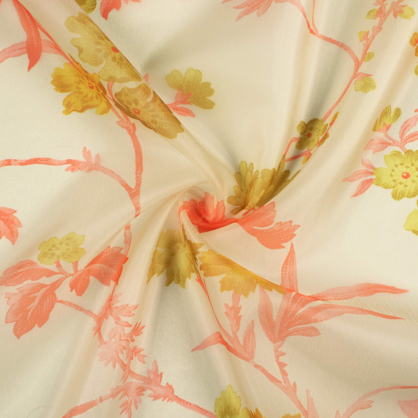 Mellow Yellow And Olive Green Floral Pattern Digital Print Organza Satin Fabric