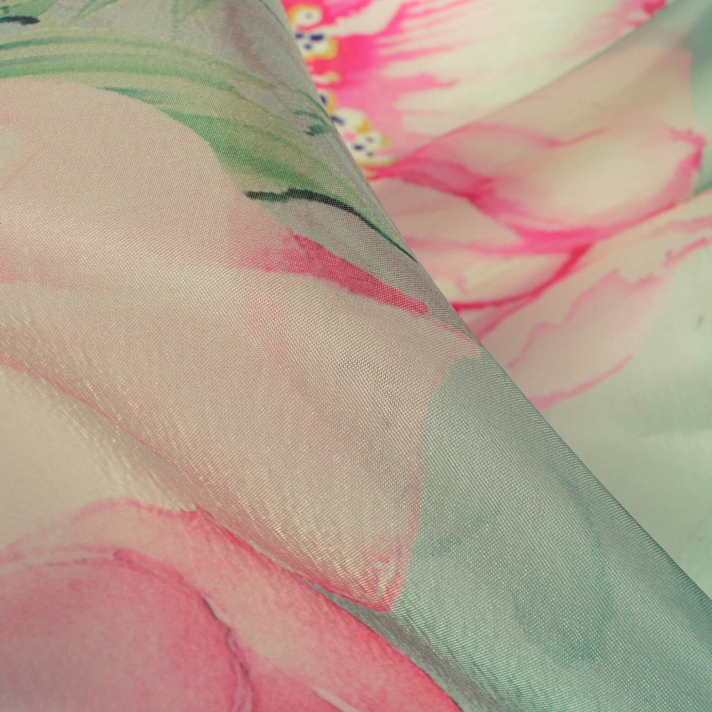 Pistachio Green And Taffy Pink Floral Pattern Digital Print Organza Satin Fabric