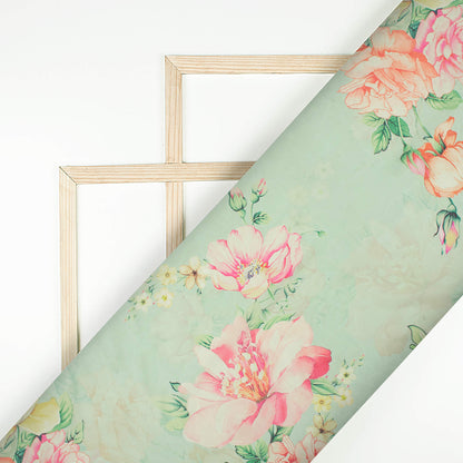 Pistachio Green And Taffy Pink Floral Pattern Digital Print Organza Satin Fabric