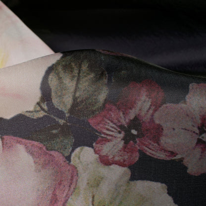 Black And Off White Floral Pattern Digital Print Organza Satin Fabric