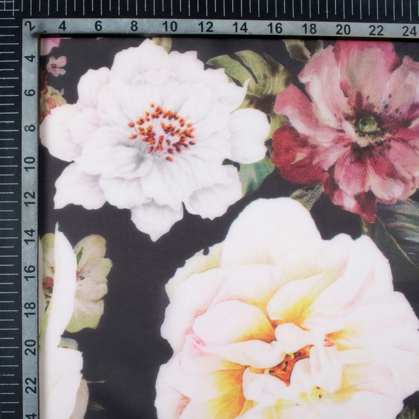 Black And Off White Floral Pattern Digital Print Organza Satin Fabric