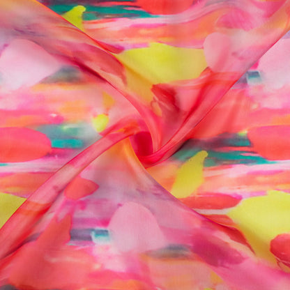 Creamy Pink And Bumblebee Yellow Abstract Pattern Digital Print Organza Satin Fabric