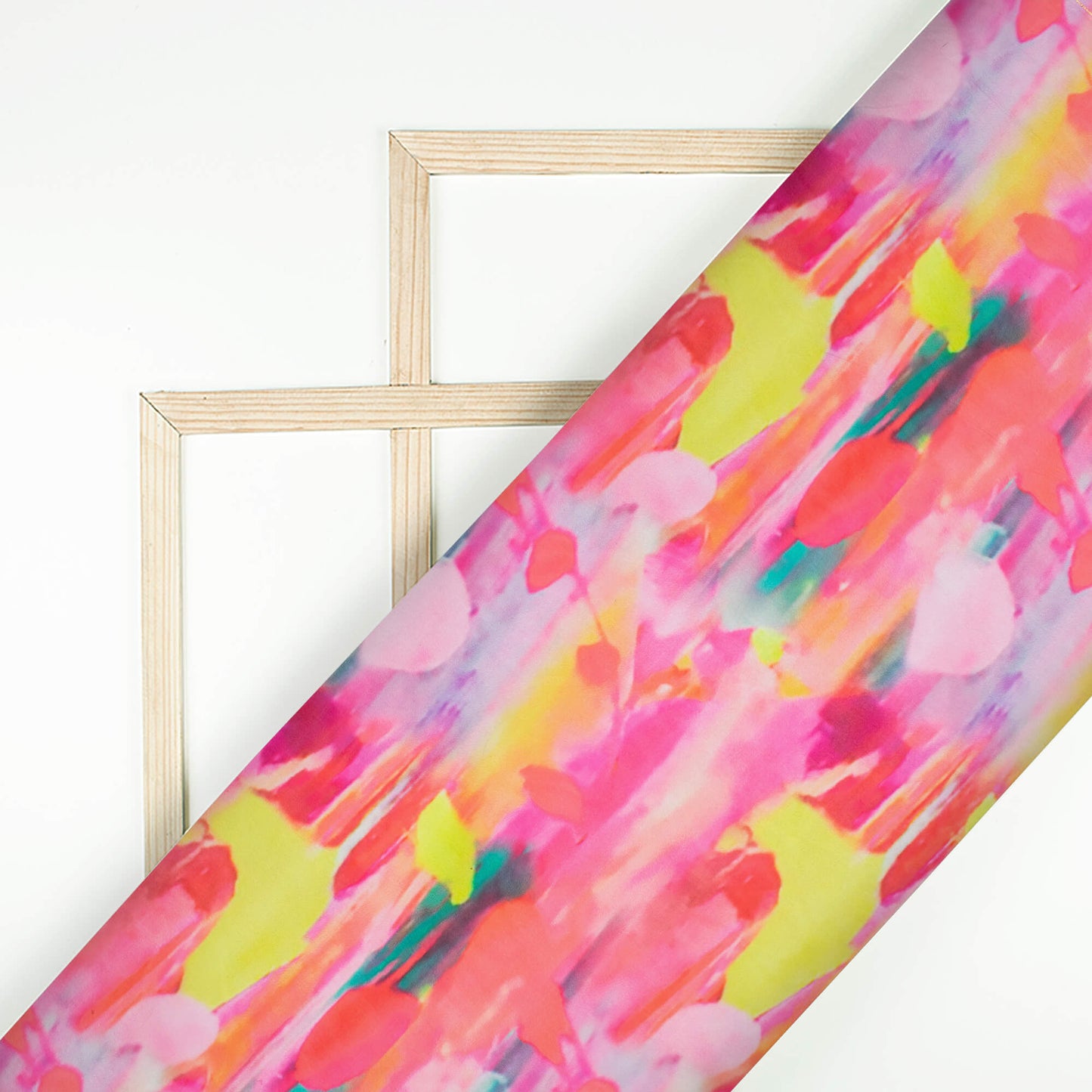 Creamy Pink And Bumblebee Yellow Abstract Pattern Digital Print Organza Satin Fabric