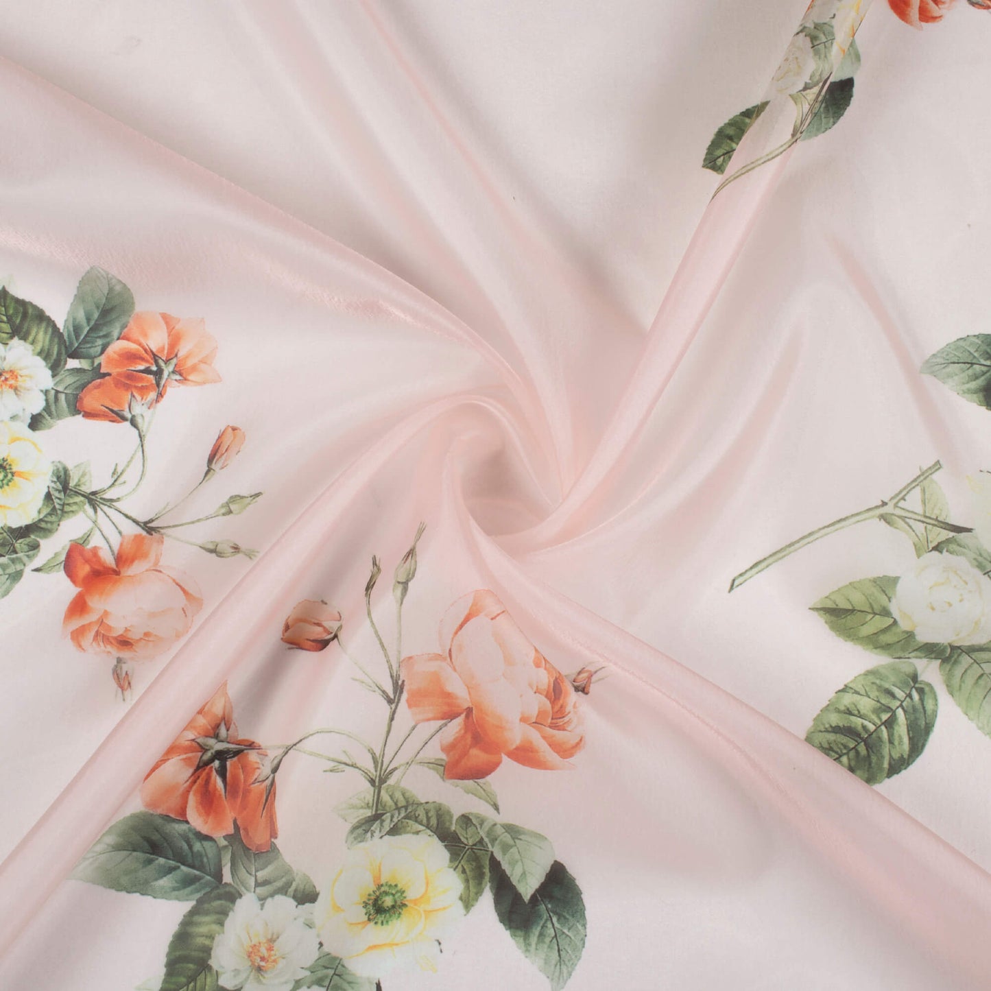 Cream Pink And Orange Floral Pattern Digital Print Organza Satin Fabric