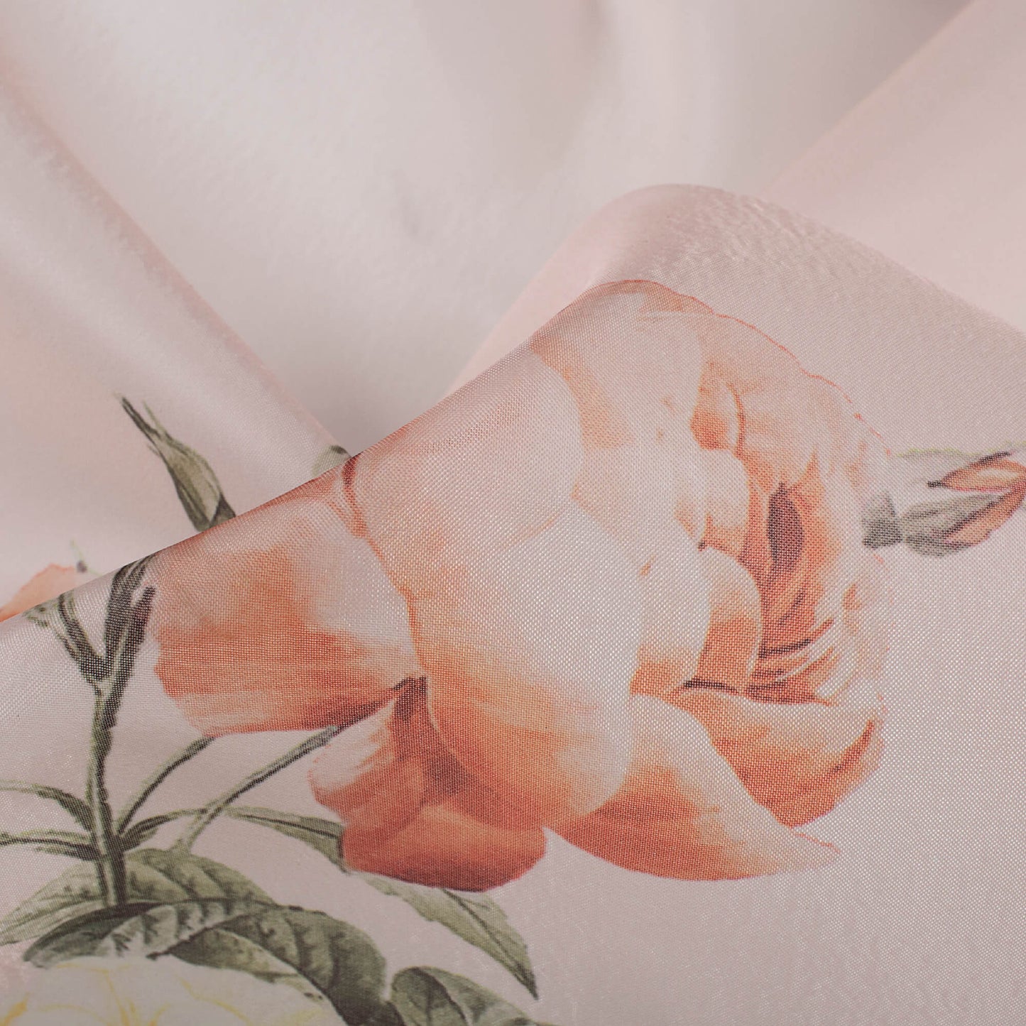Cream Pink And Orange Floral Pattern Digital Print Organza Satin Fabric