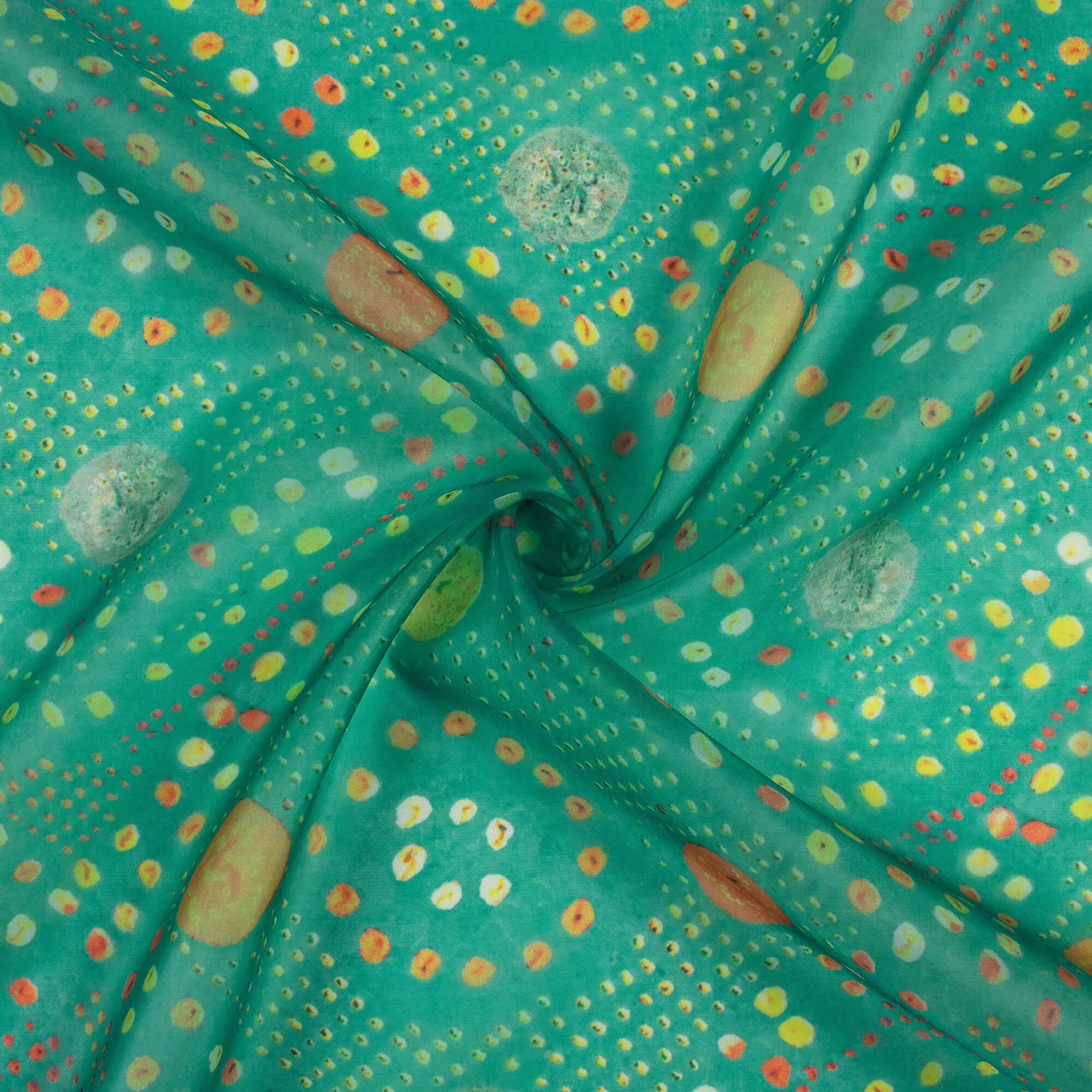 Fern Green And Orange Bandhani Pattern Digital Print Organza Satin Fabric