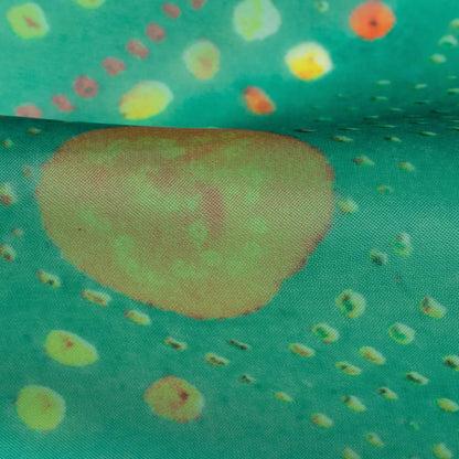 Fern Green And Orange Bandhanii Pattern Digital Print Organza Satin Fabric