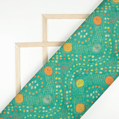 Fern Green And Orange Bandhanii Pattern Digital Print Organza Satin Fabric