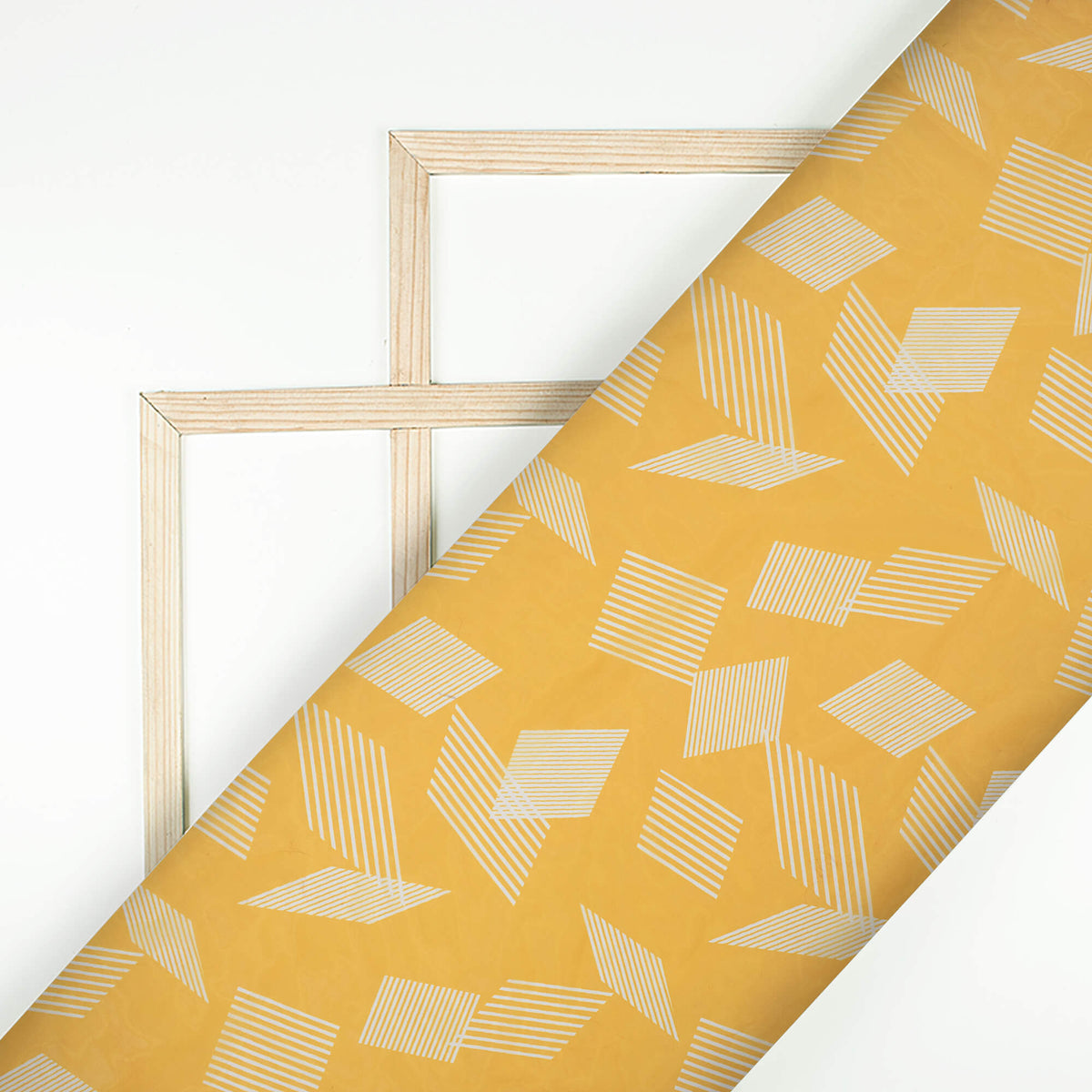 Honey Yellow And White Geometric Pattern Digital Print Organza Satin Fabric