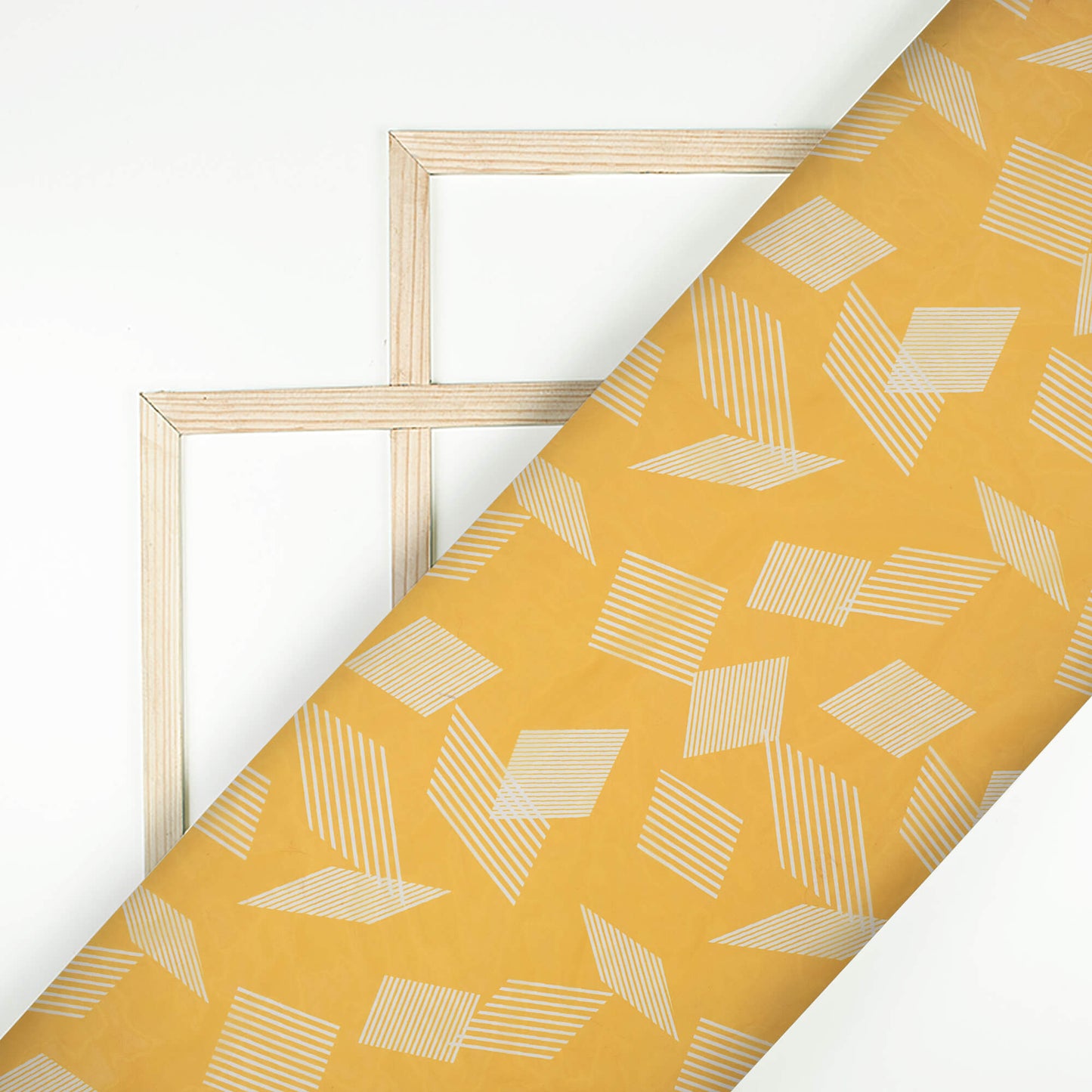 Honey Yellow And White Geometric Pattern Digital Print Organza Satin Fabric