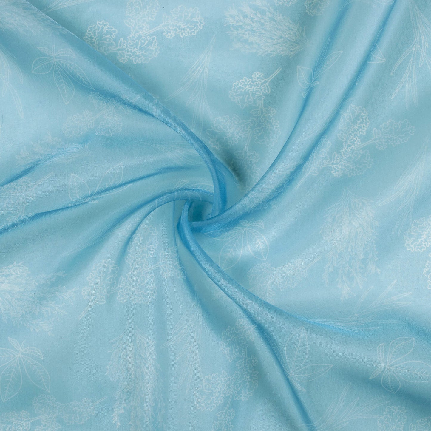 Baby Blue And White Floral Pattern Digital Print Organza Satin Fabric