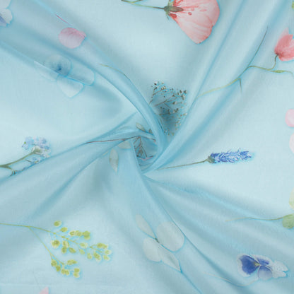 Light Blue And Peach Floral Pattern Digital Print Organza Satin Fabric