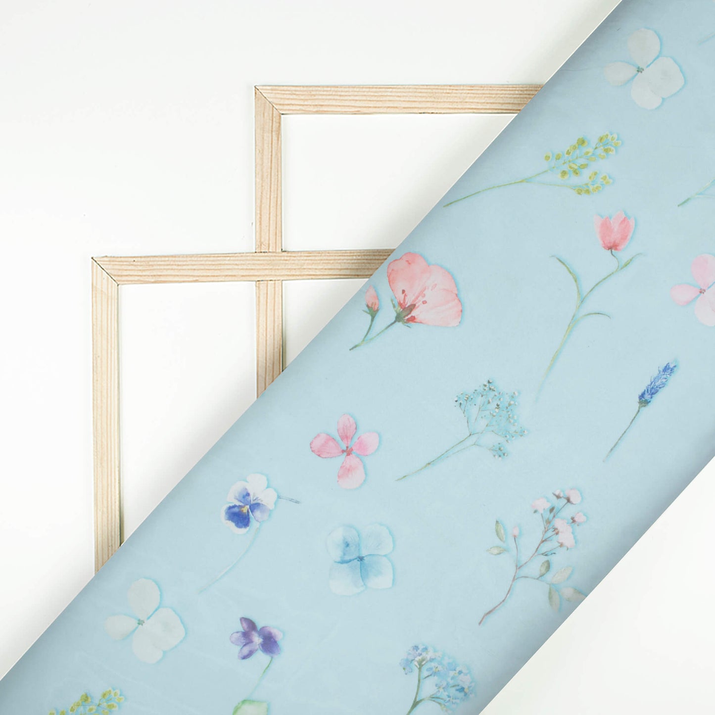 Light Blue And Peach Floral Pattern Digital Print Organza Satin Fabric