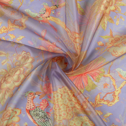 Heather Purple And Corn Yellow Floral Pattern Digital Print Organza Satin Fabric