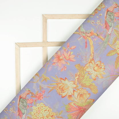 Heather Purple And Corn Yellow Floral Pattern Digital Print Organza Satin Fabric
