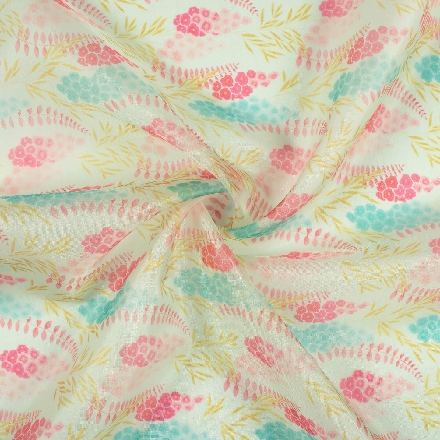 Pastel Green And Hot Pink Floral Pattern Digital Print Organza Satin Fabric