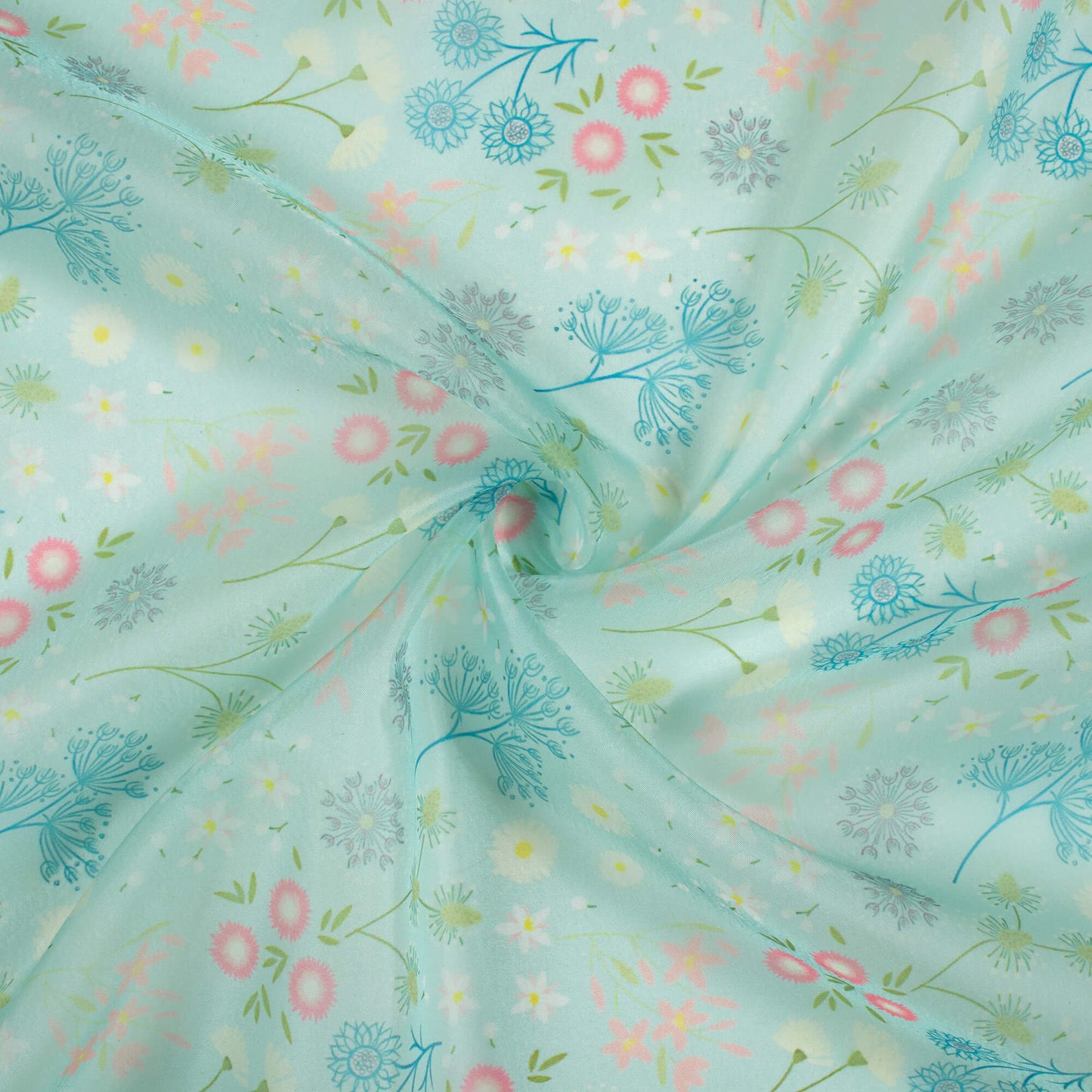 Sky Blue And Taffy Pink Floral Pattern Digital Print Organza Satin Fabric