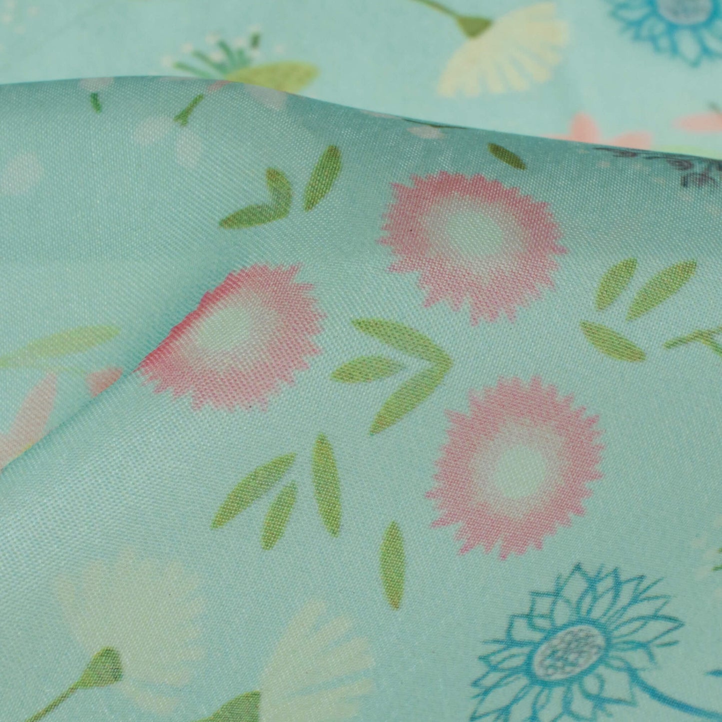 Sky Blue And Taffy Pink Floral Pattern Digital Print Organza Satin Fabric