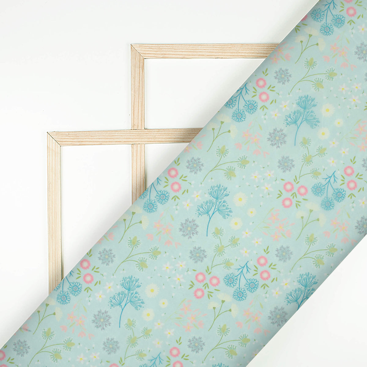Sky Blue And Taffy Pink Floral Pattern Digital Print Organza Satin Fabric