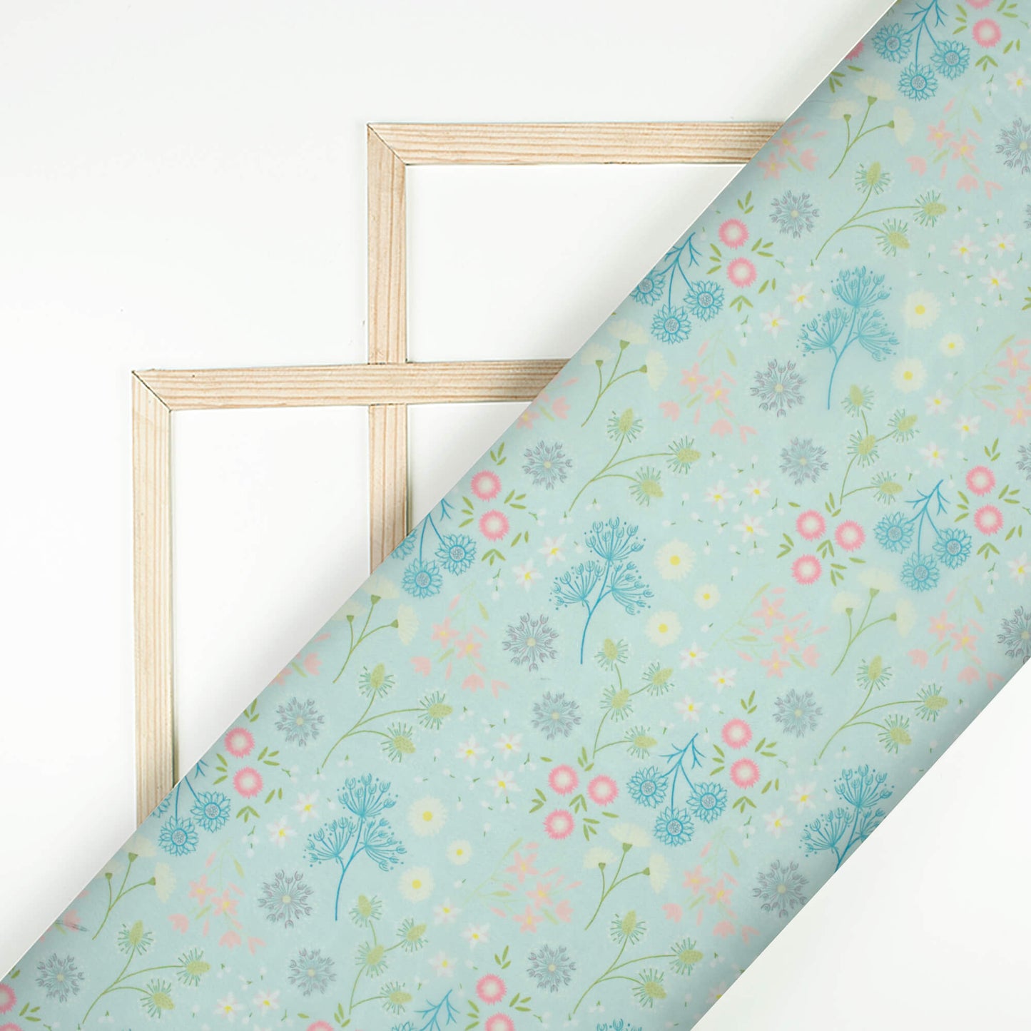 Sky Blue And Taffy Pink Floral Pattern Digital Print Organza Satin Fabric