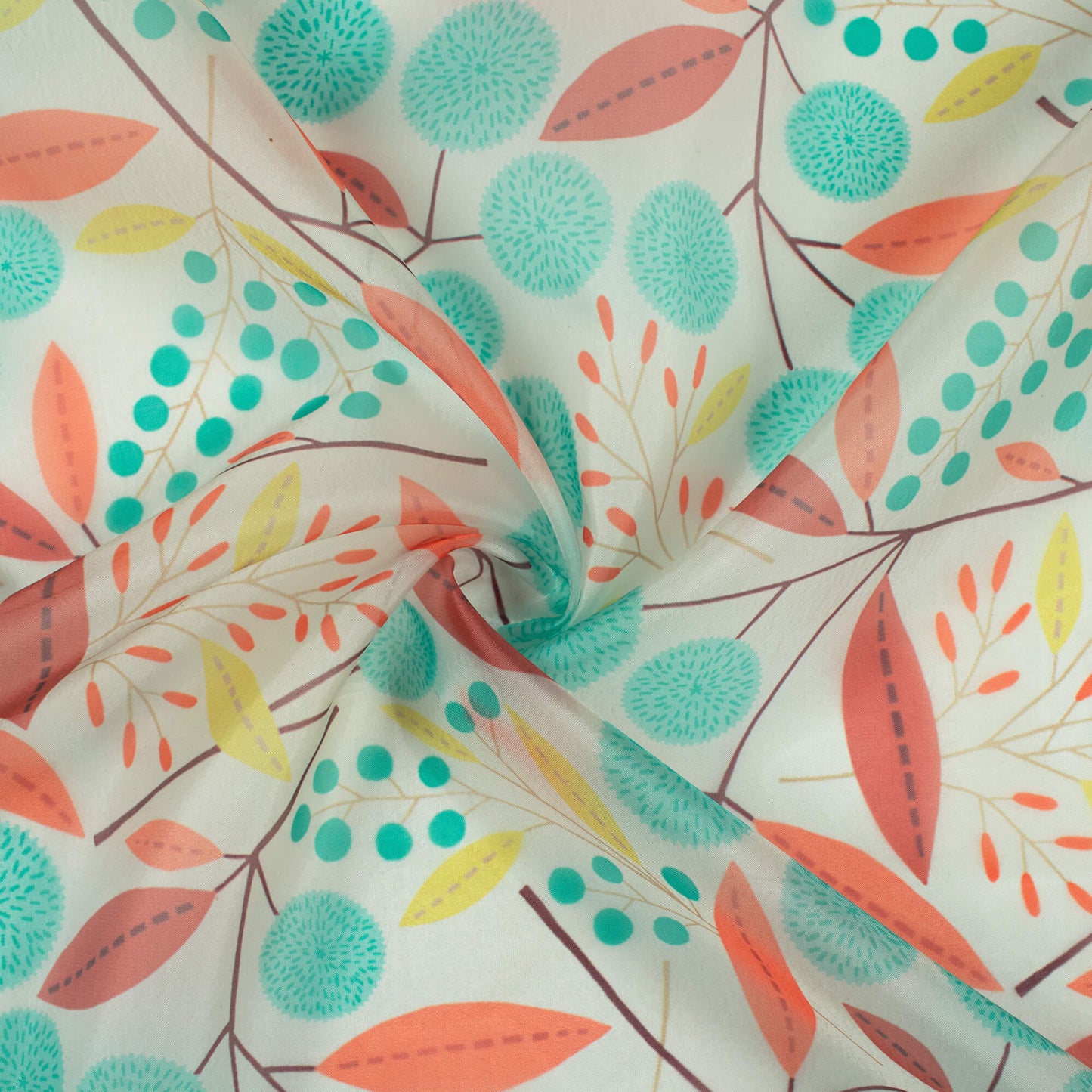 Baby Blue And Orange Leaf Pattern Digital Print Organza Satin Fabric