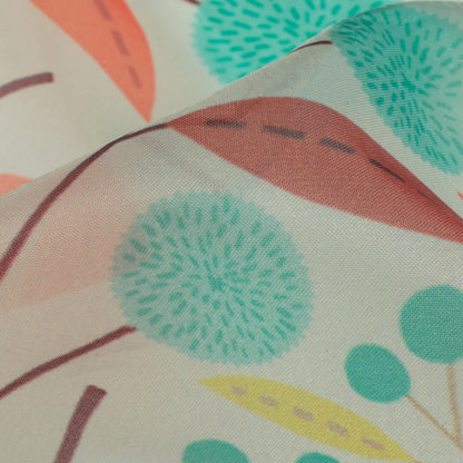 Baby Blue And Orange Leaf Pattern Digital Print Organza Satin Fabric