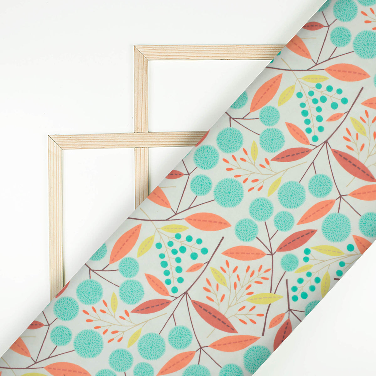 Baby Blue And Orange Leaf Pattern Digital Print Organza Satin Fabric