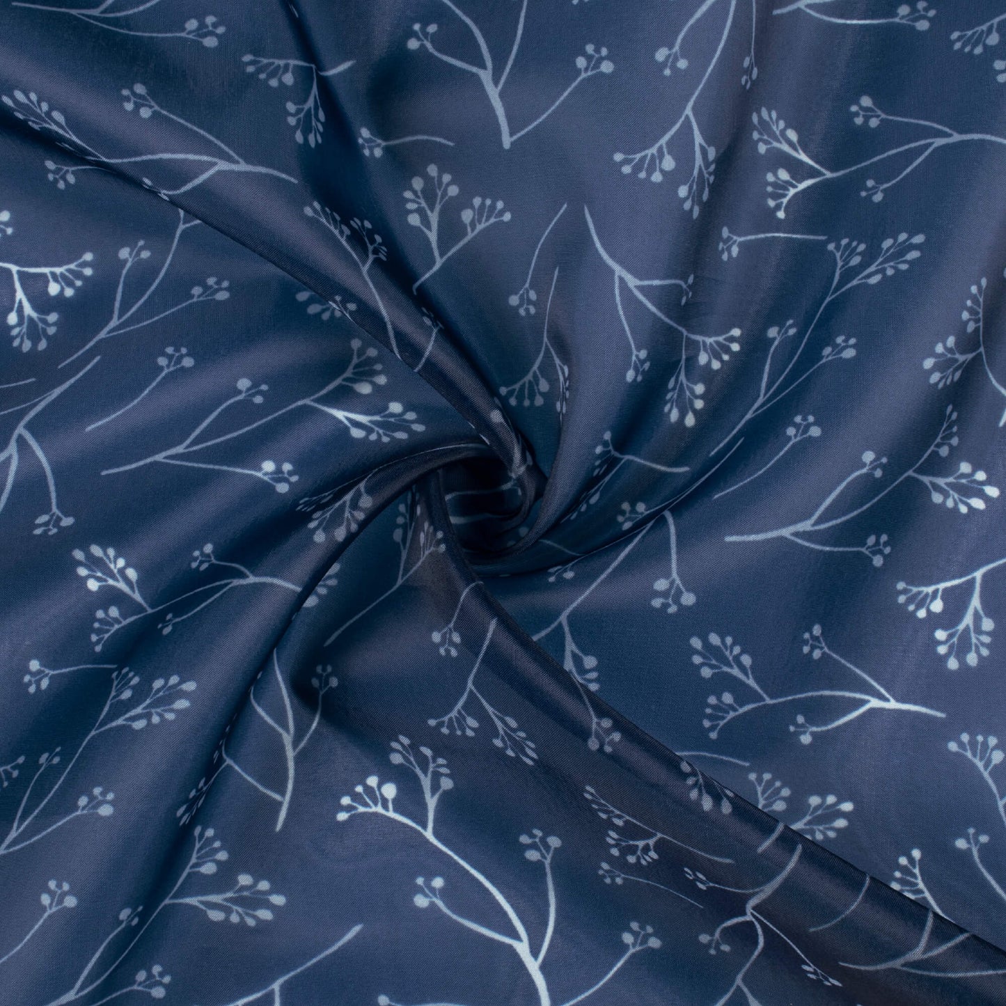 Space Blue And White Leaf Pattern Digital Print Organza Satin Fabric