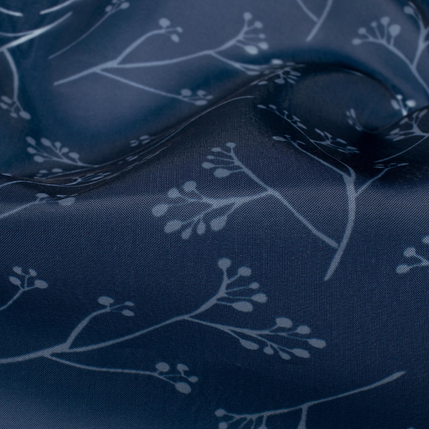 Space Blue And White Leaf Pattern Digital Print Organza Satin Fabric