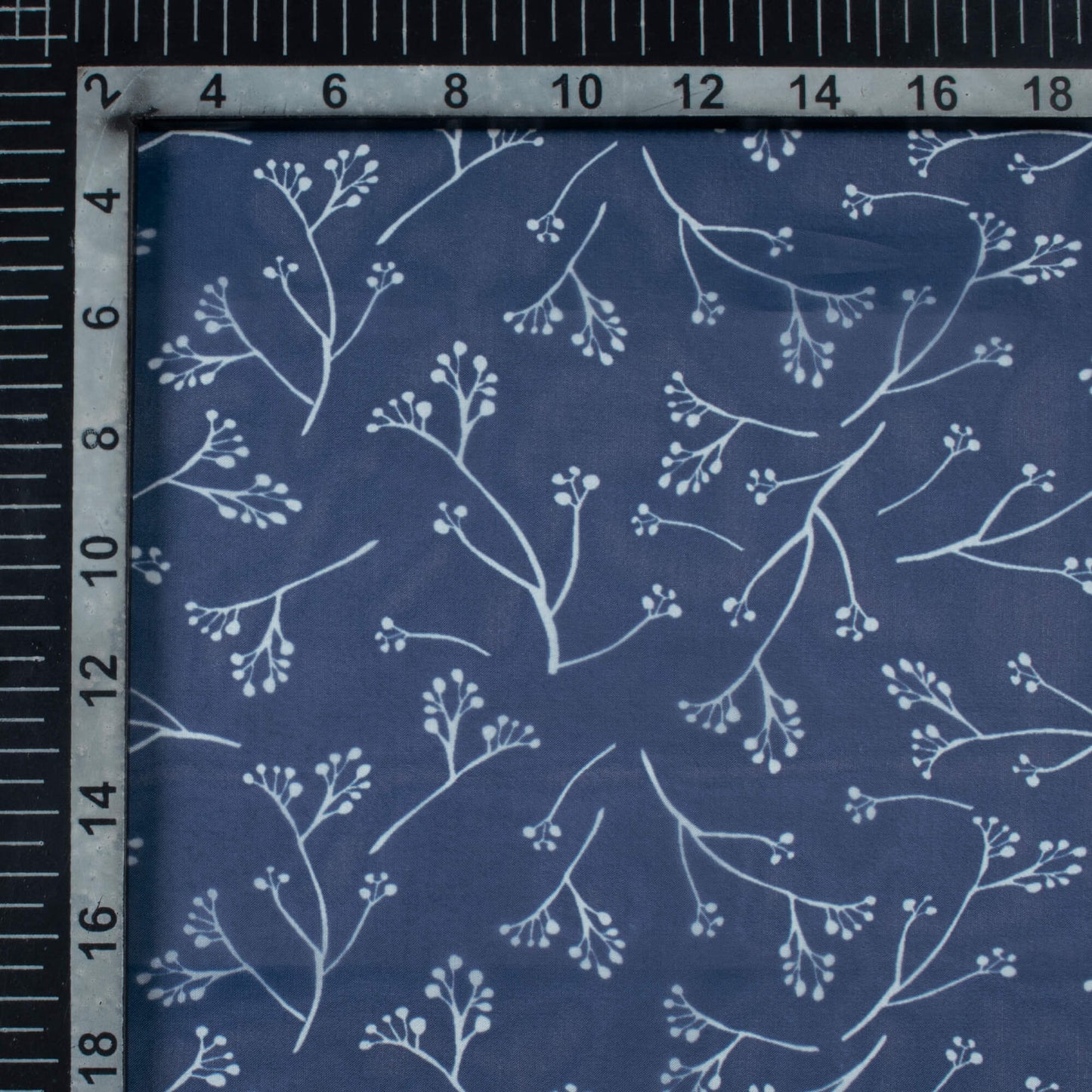 Space Blue And White Leaf Pattern Digital Print Organza Satin Fabric