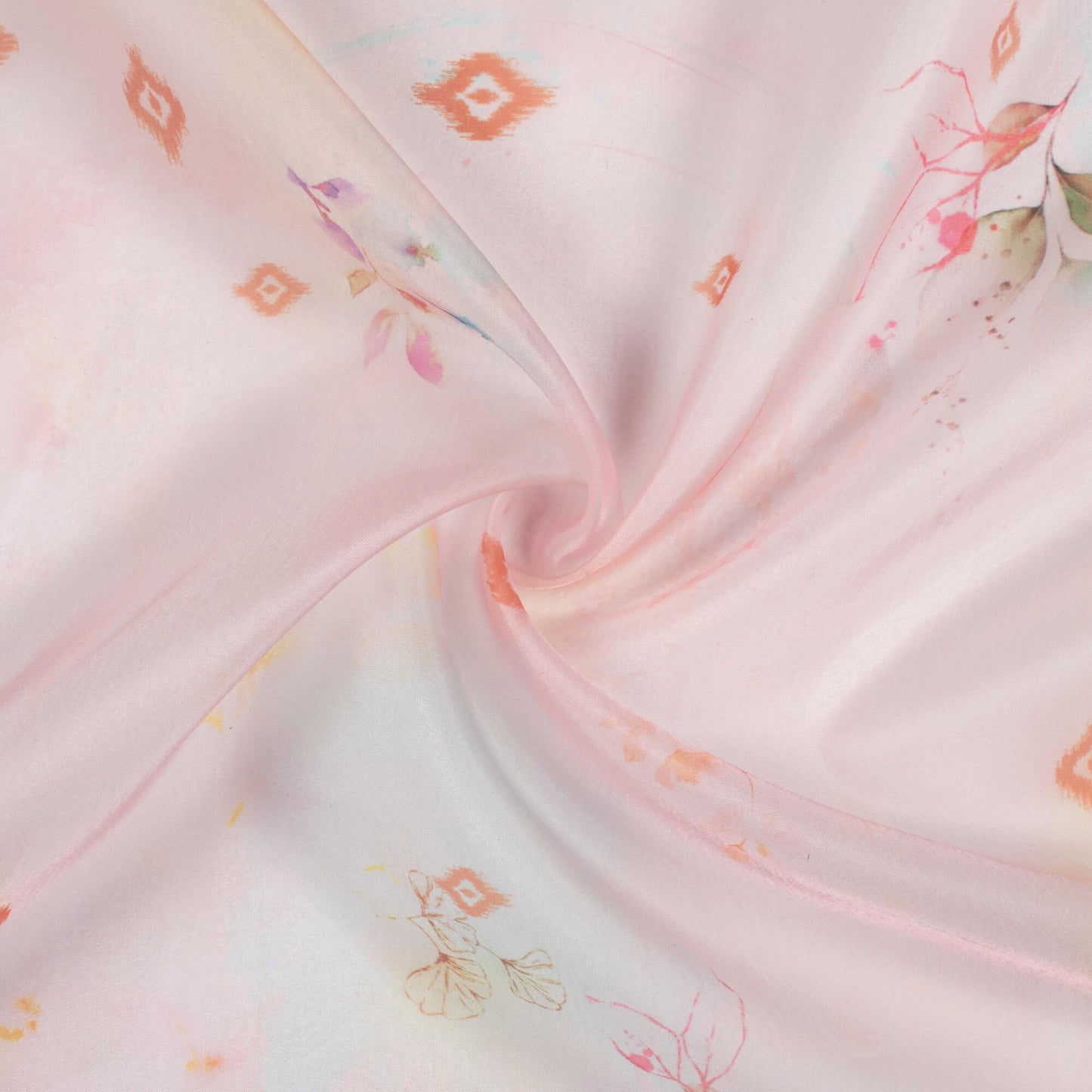 Pastel Pink And Clay Orange Leaf Pattern Digital Print Organza Satin Fabric