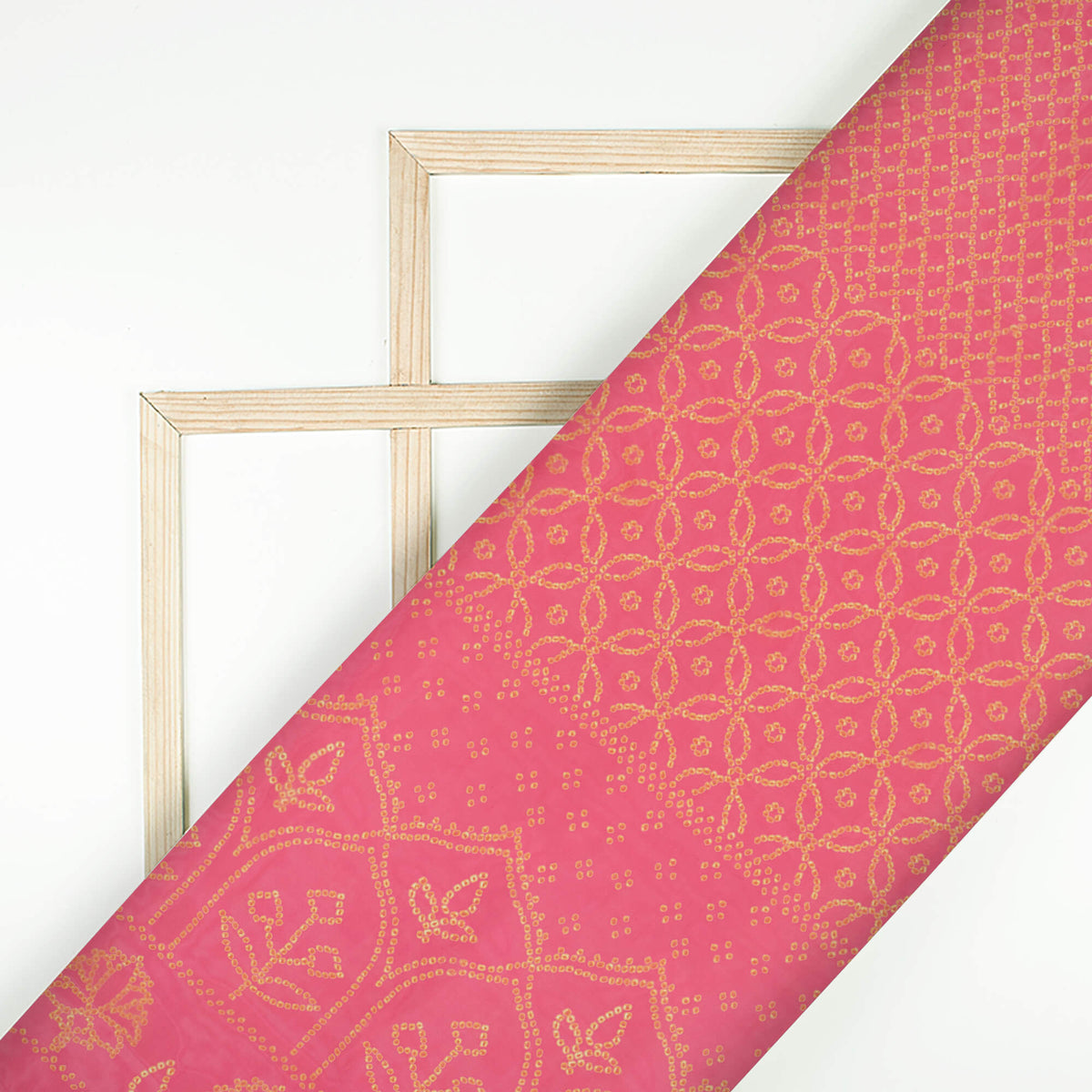 Hot Pink And Yellow Bandhani Pattern Digital Print Organza Satin Fabric