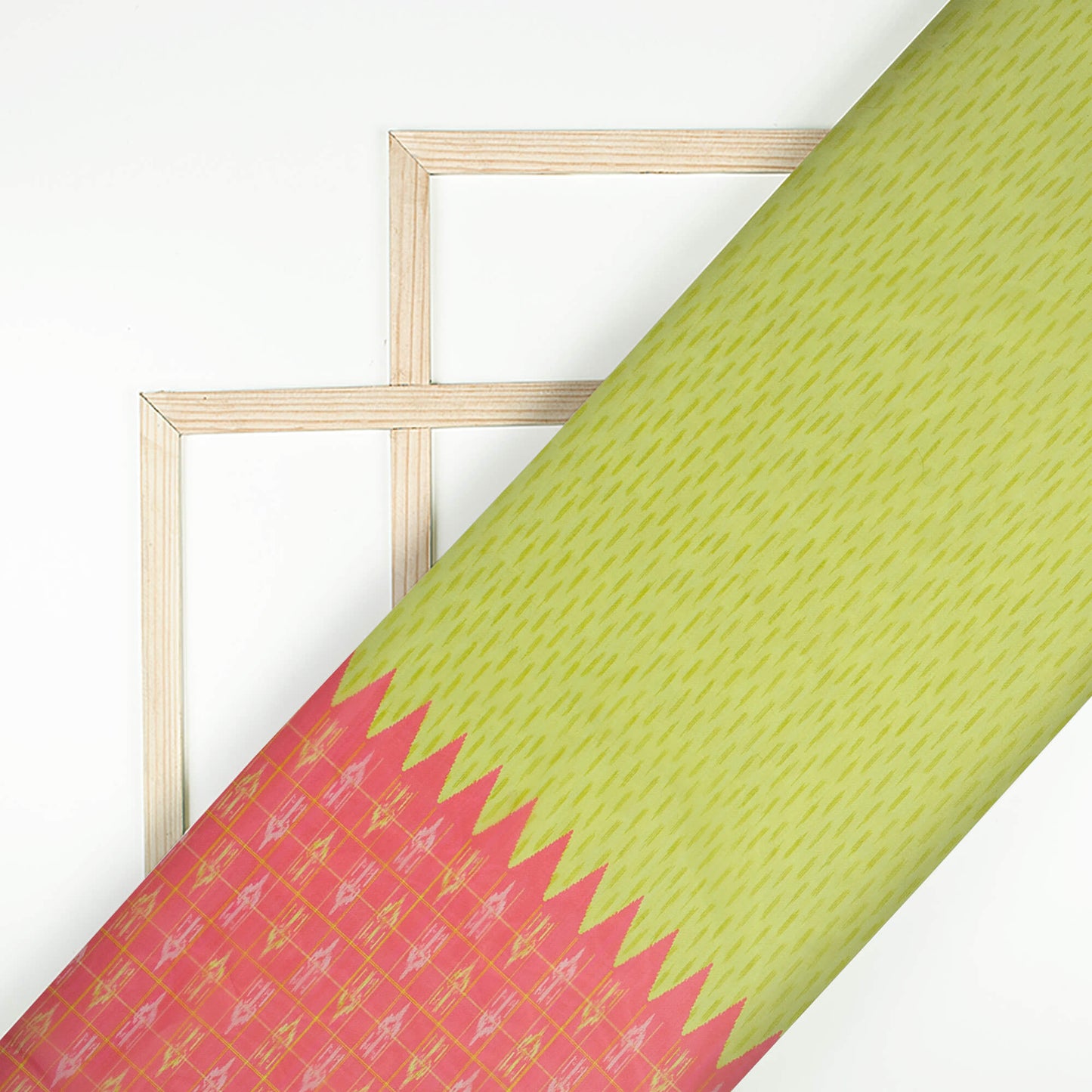 Lemon Yellow And Vermilion Red Daman Pattern Digital Print Organza Satin Fabric