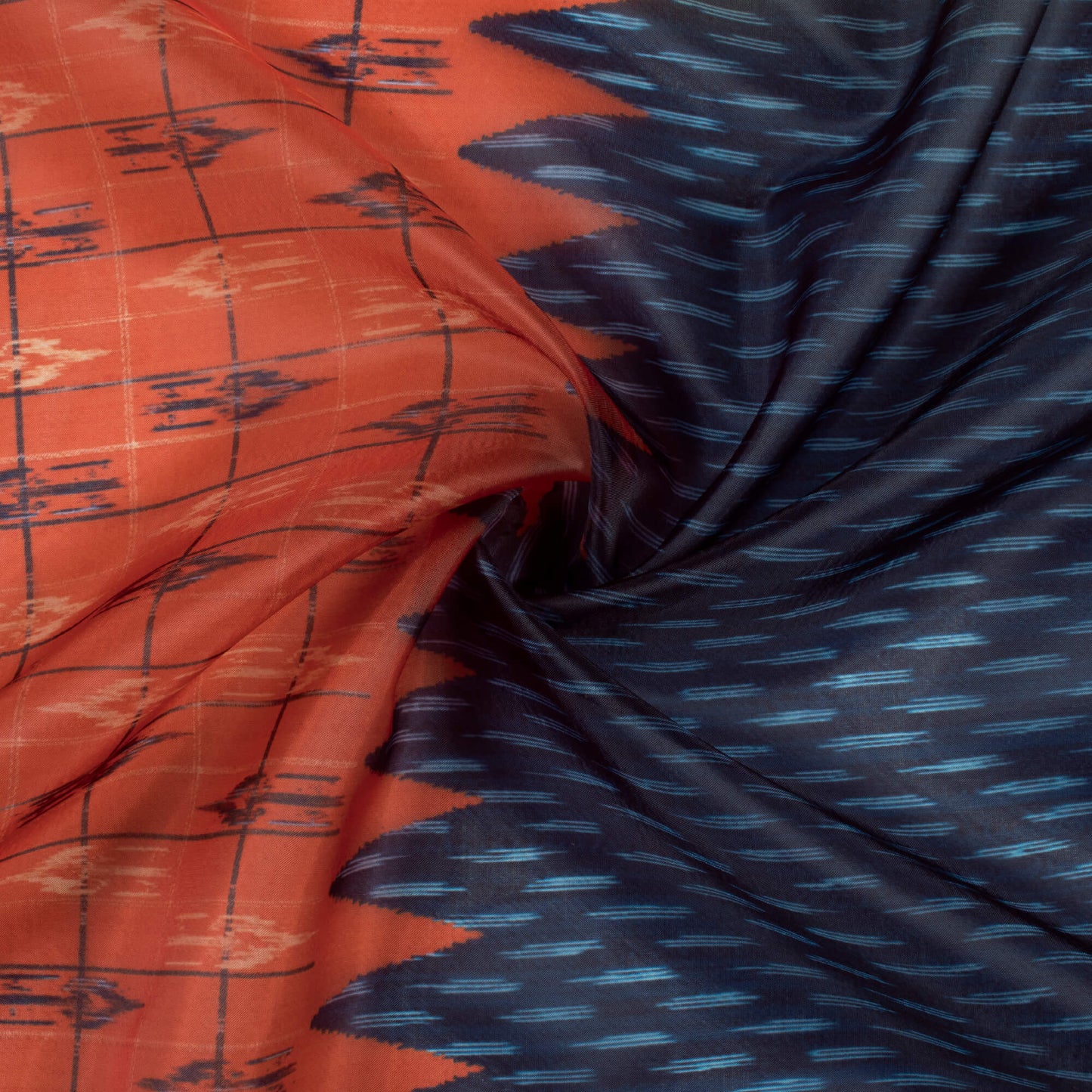 Navy Blue And Dark Orange Daman Pattern Digital Print Organza Satin Fabric