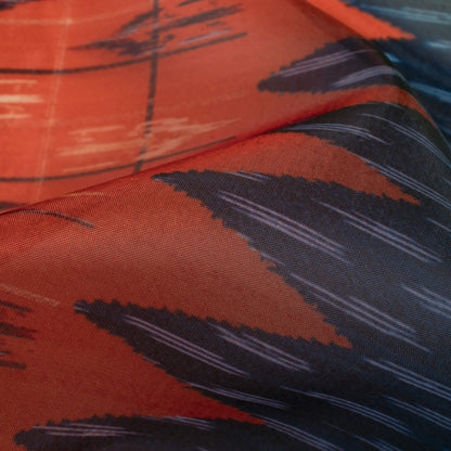 Navy Blue And Dark Orange Daman Pattern Digital Print Organza Satin Fabric