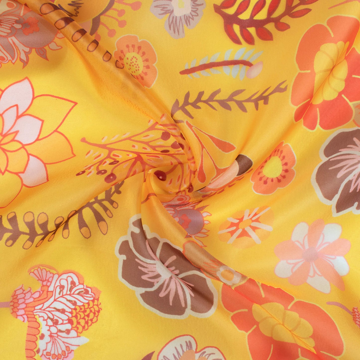 Bright Yellow And Red Floral Pattern Digital Print Organza Satin Fabric