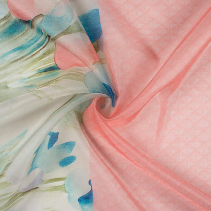 Salmon Pink And Blue Daman Pattern Digital Print Organza Satin Fabric