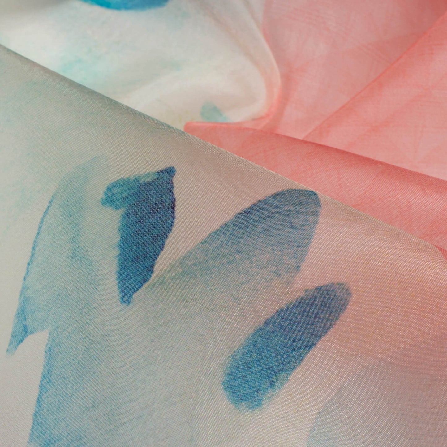 Salmon Pink And Blue Daman Pattern Digital Print Organza Satin Fabric