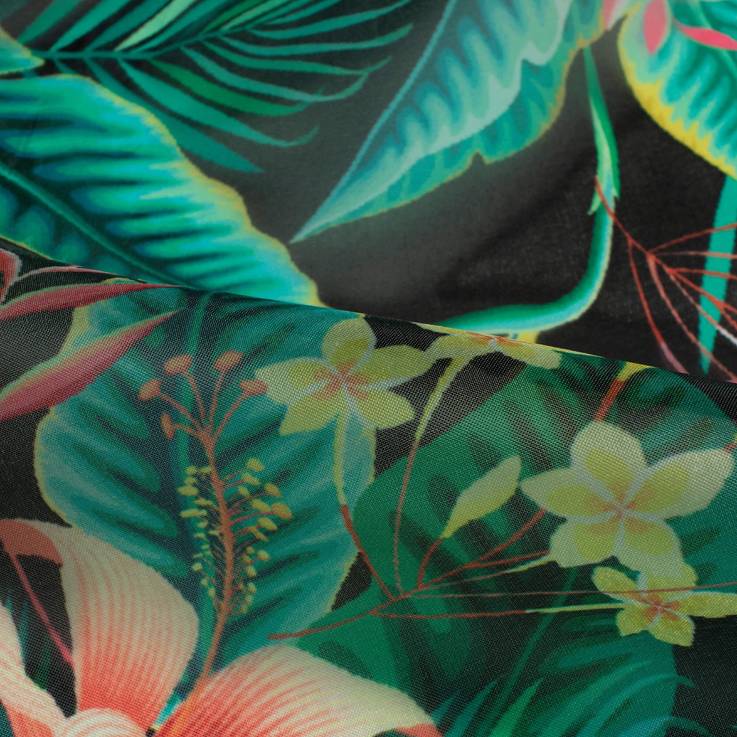 Black And Taffy Pink Tropical Pattern Digital Print Organza Satin Fabric