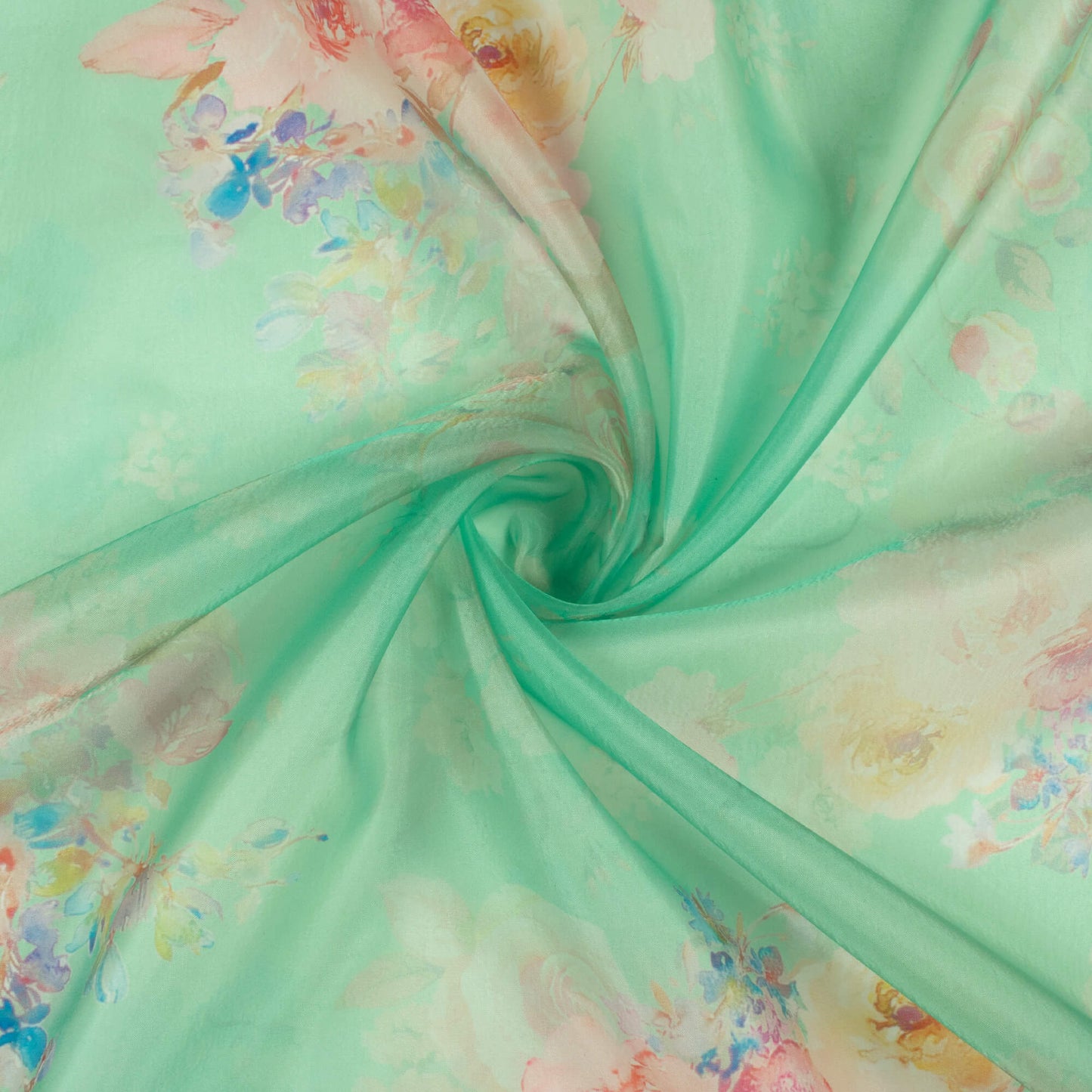 Light Green And Blush Pink Floral Pattern Digital Print Organza Satin Fabric